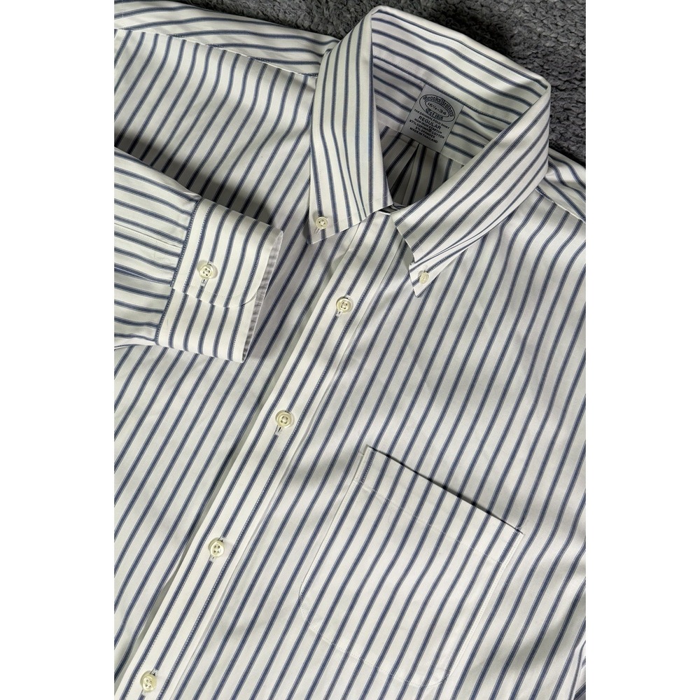 Brooks Brothers Regular Fit Non-Iron Stretch Shirt 16.5-34 Blue White Striped